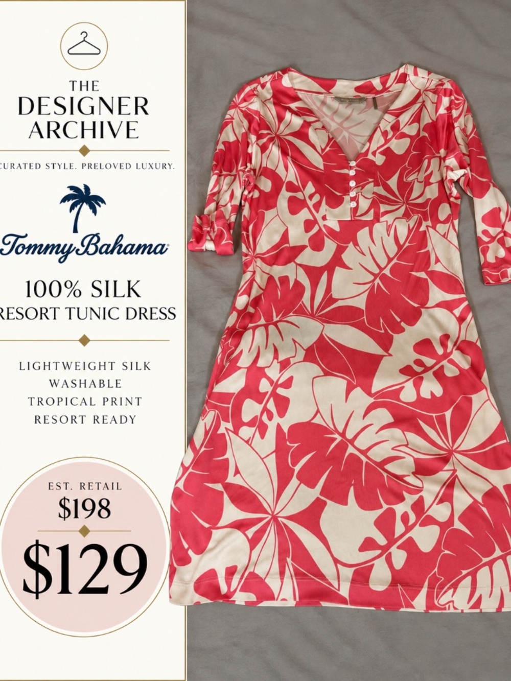 Tommy Bahama 100% Silk Tropical Resort Tunic Dress Pink Ivory Approx M